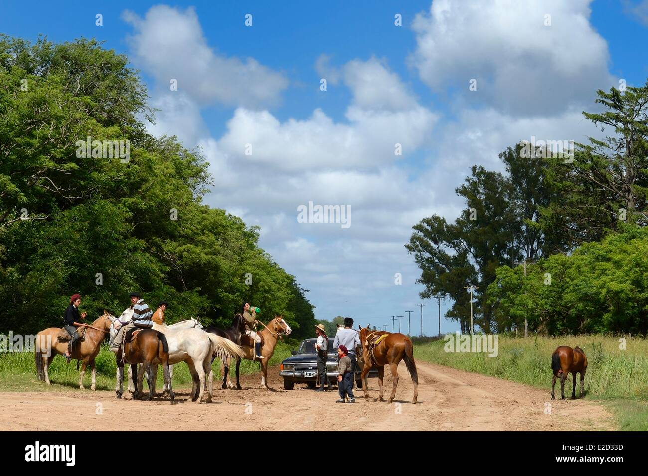 Argentina Buenos Aires Province gauchos on horseback on a trail near San Antonio de Areco Stock Photo