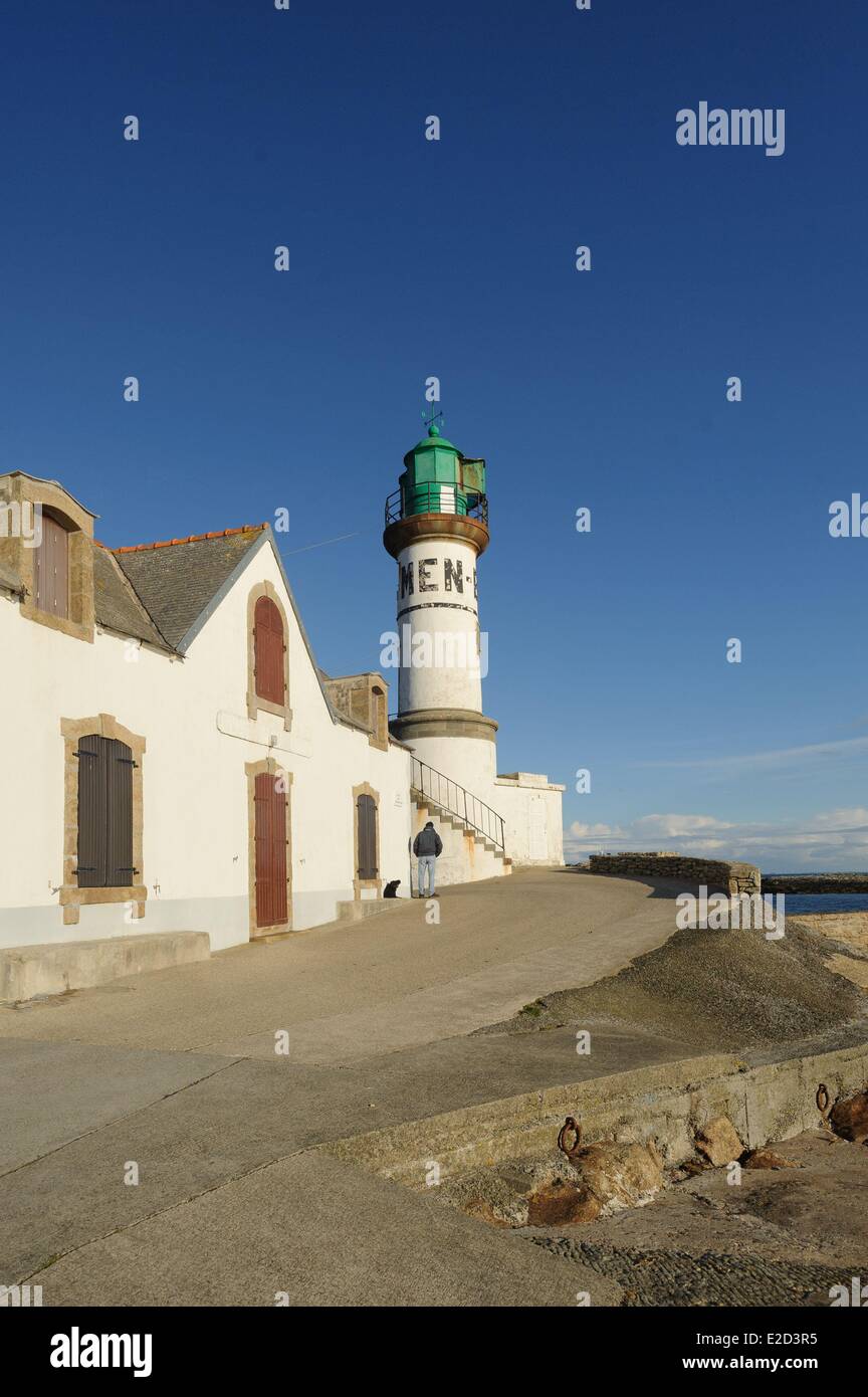 France Finistere Ile de Sein the lighthouse of Men Brial and the Paimpol dock island integrated in the islands of the Ponant Stock Photo