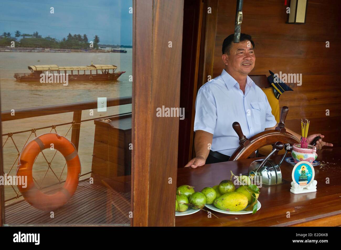 Vietnam Can Tho porvince Mekong Delta Can Tho captain of the Bassac boat during the cruise on the Mekong Stock Photo