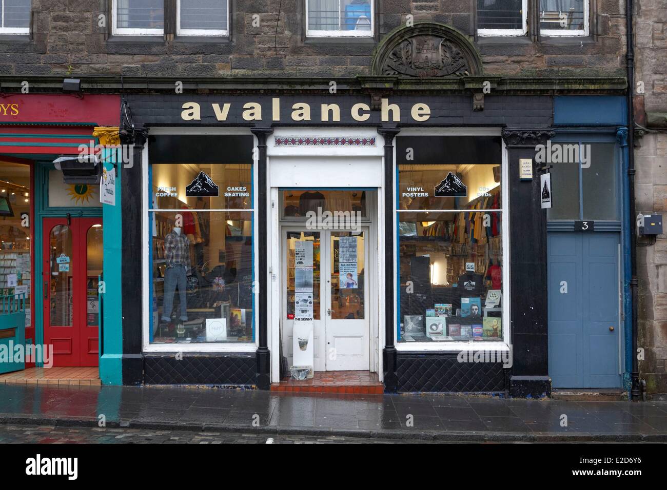 United Kingdom Scotland Edinburgh listed as World Heritage by UNESCO Grassmarket record shop Avalanche Records Stock Photo