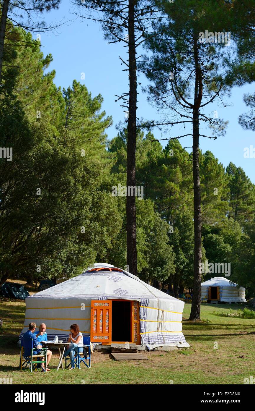 France Corse du Sud Alta Rocca Mongolian yurt of the outdoor hotel Le Pre aux Biches Stock Photo