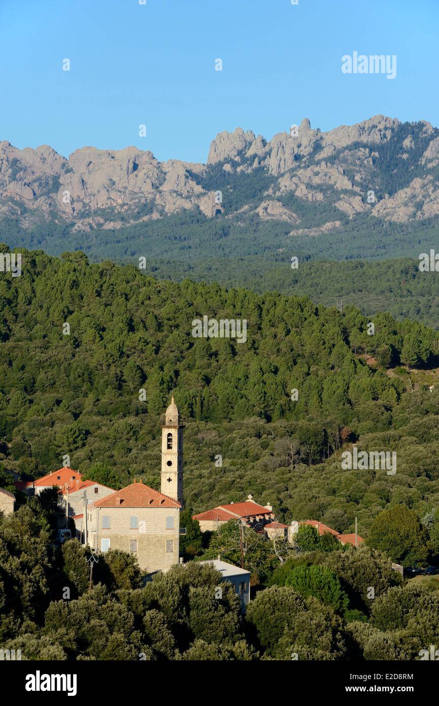 France, Corse du Sud, Alta Rocca, village of Levie and Bavella masssif in the background Stock Photo