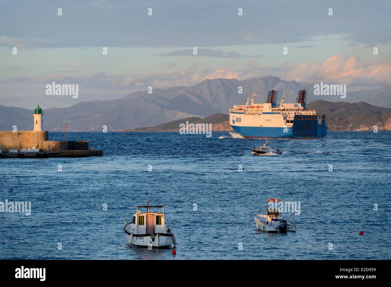 France, Haute Corse, Balagne, L'Ile Rousse, departure of the SNCM ferry of the port Stock Photo