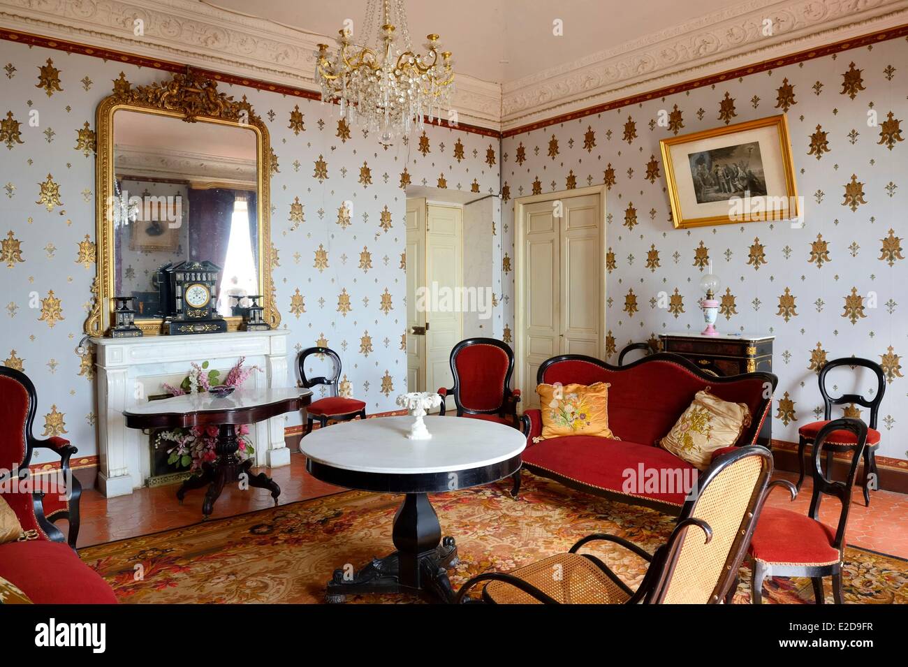 France, Haute Corse, Cap Corse, Rogliano, the palazzu Nicrosi (Palazzi or House of American), Pierre Nicrosi with his three brothers prospered in trade, real estate and cotton in Alabama, the main living room is still decorated with the floral wallpaper with gold leaf placed here 135 years ago Stock Photo
