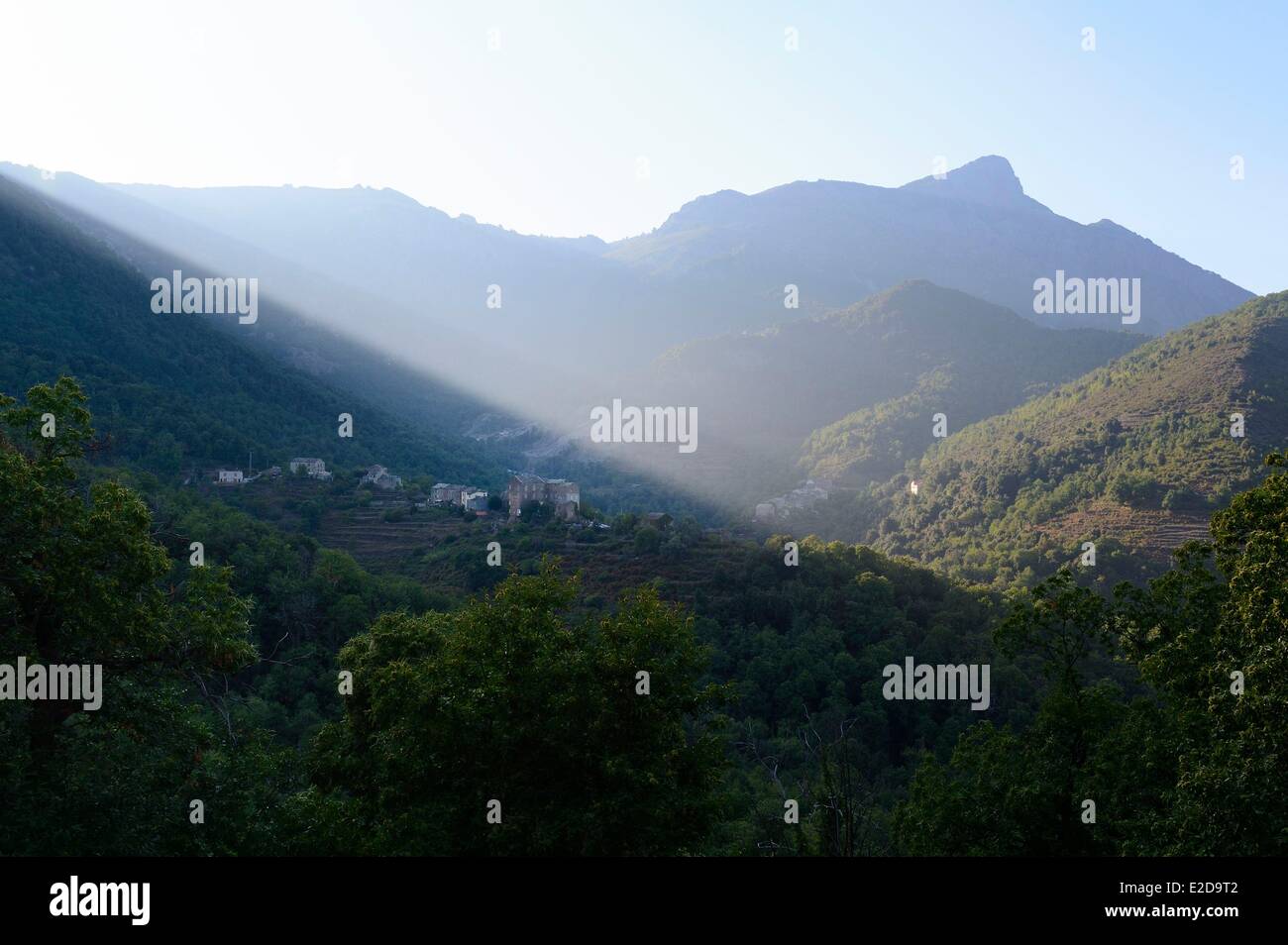 France, Haute Corse, Castagniccia, the village of Piedipartino and Pie d'Orezza in second plan at the foot of mount San Petrone Stock Photo