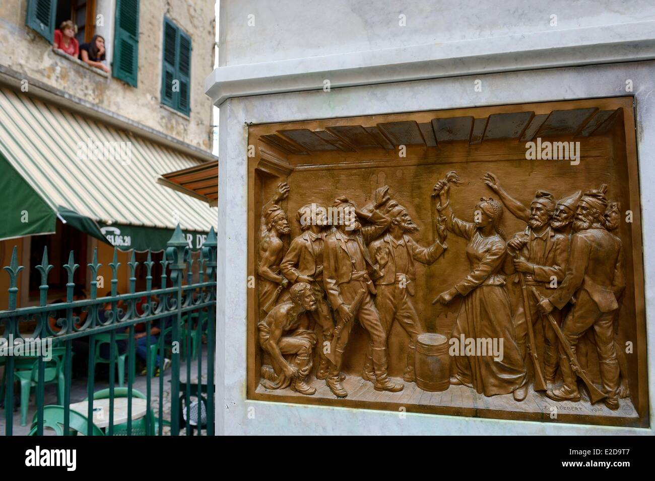 France, Haute Corse, Corte, low relief on the basement of general Gaffori's statue, hero of the corsican revolution (Gaffori square in the upper town), scene glorifying the courage of his wife Faustina Gaffori Stock Photo