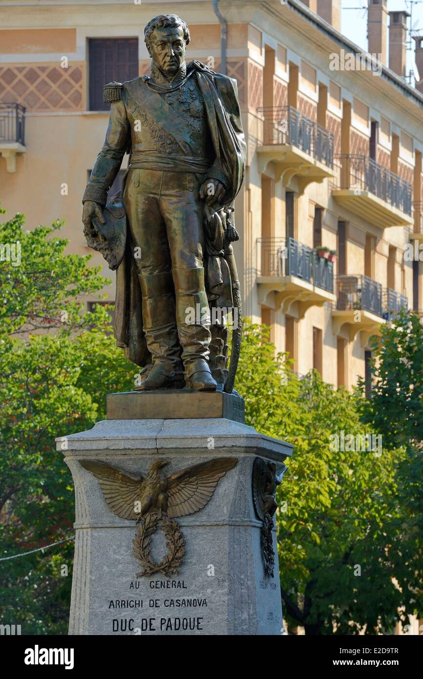 France, Haute Corse, Corte, the statue of the Duke of Padua, cousin of Napoleon and General of the Empire Stock Photo