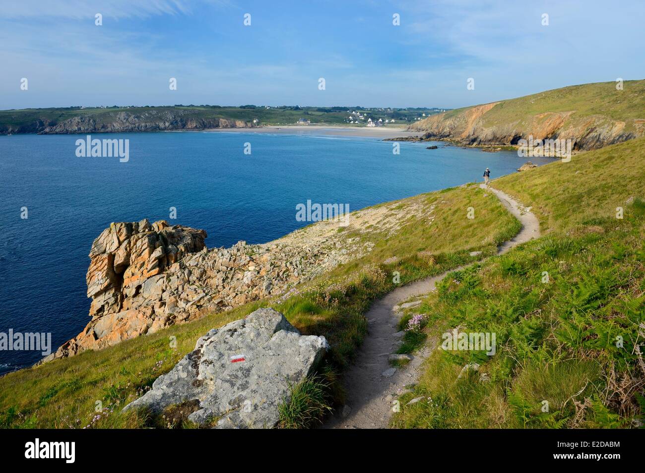 France, Finistere, Iroise Sea, Plogoff, Baie des Trepasses, between the Pointe du Raz and the Pointe du Van in the background, GR 34 trail Stock Photo