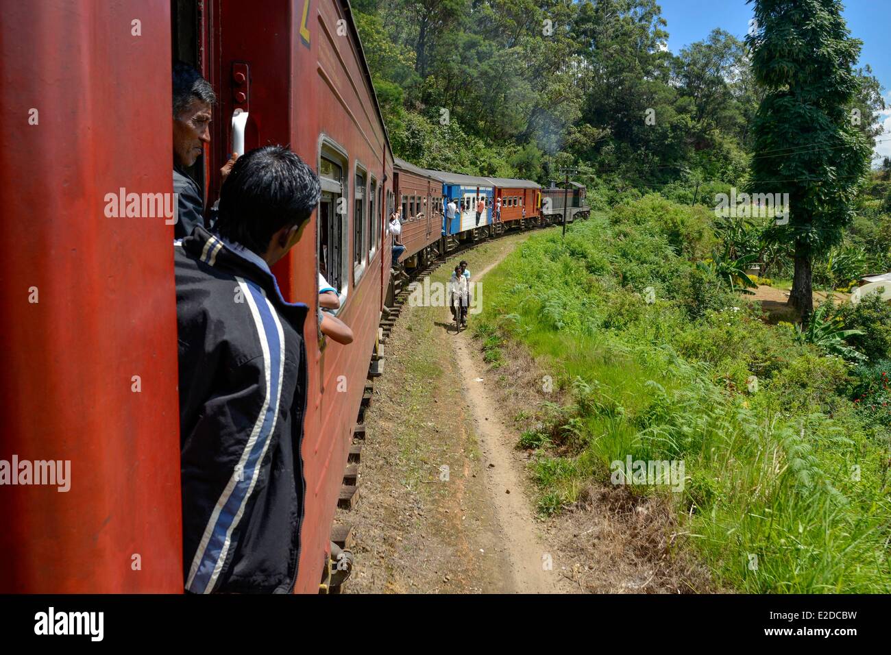 Sri Lanka, Central Province, Nuwaraelyia District, Nanu Oya, Railroad line of the highest mountain of the island between Colombo and Badula, passengers in doors and in windows of a train Stock Photo