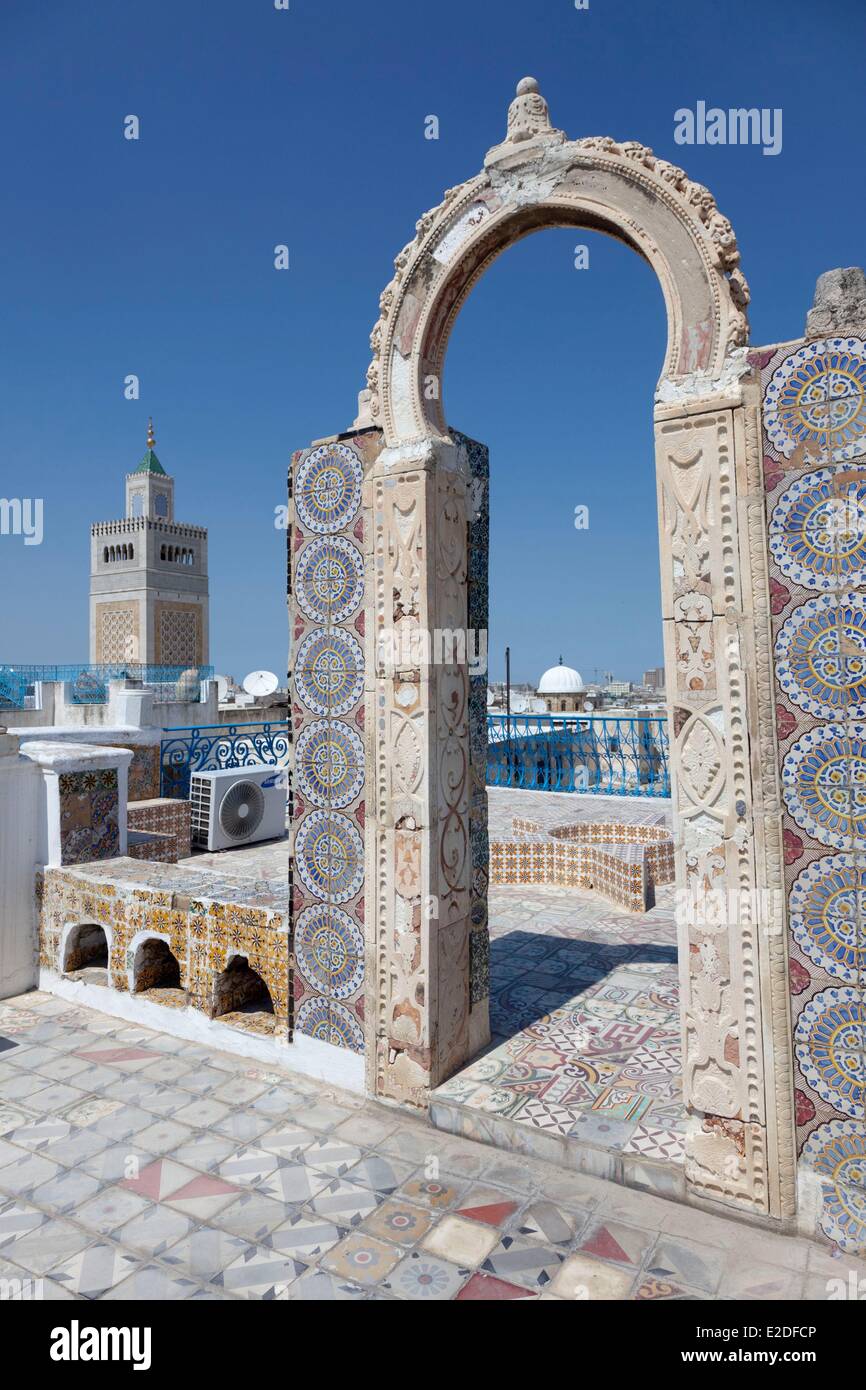 Tunisia, Tunis, medina listed as World Heritage by UNESCO, the Al Zaytuna Mosque from a terrace Stock Photo