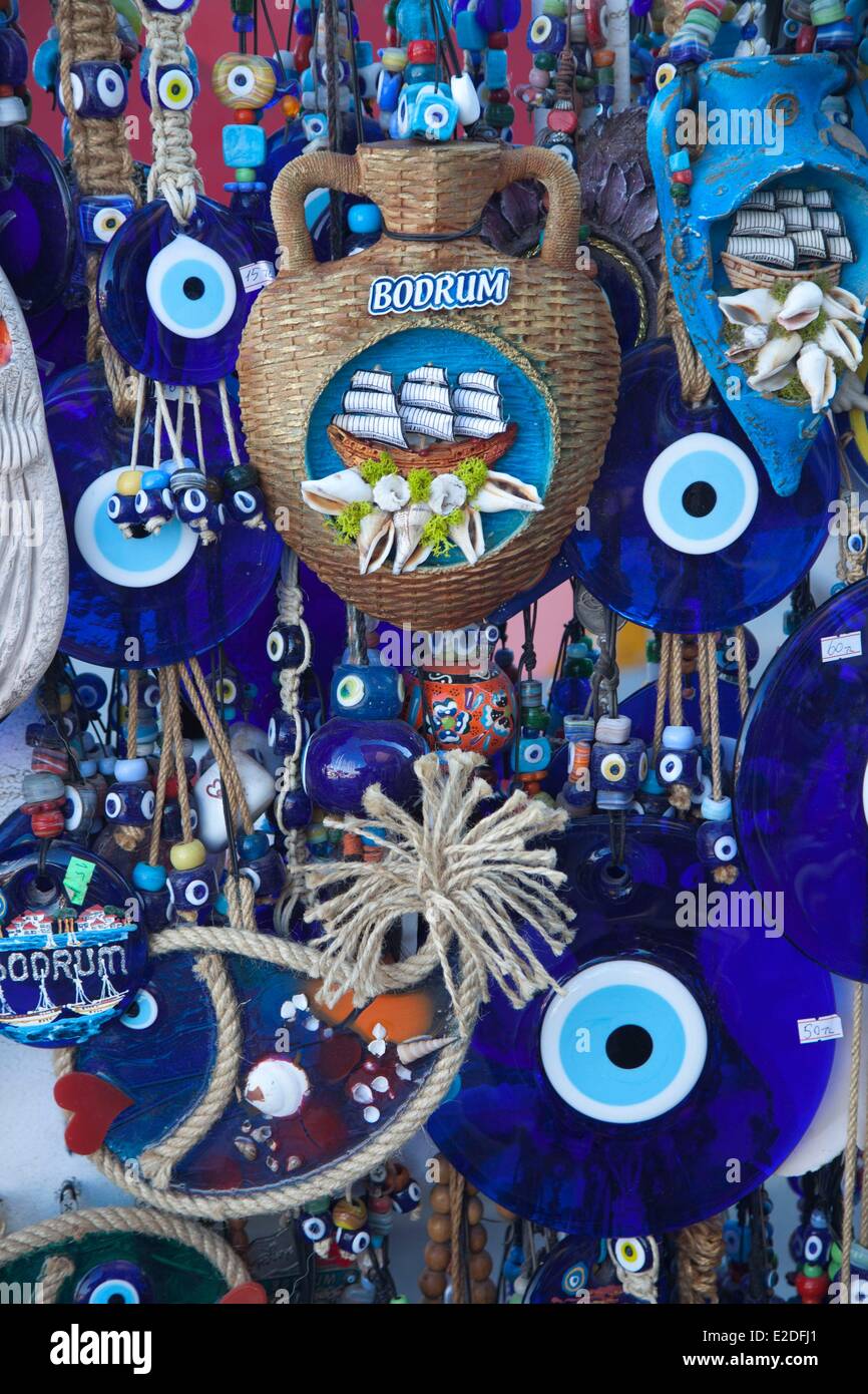 Turkey, Aegean Region, Bodrum, Souvenir shop, Nazar Boncuk (small pearl shaped as a blue eye to protect against the evil eye) Stock Photo