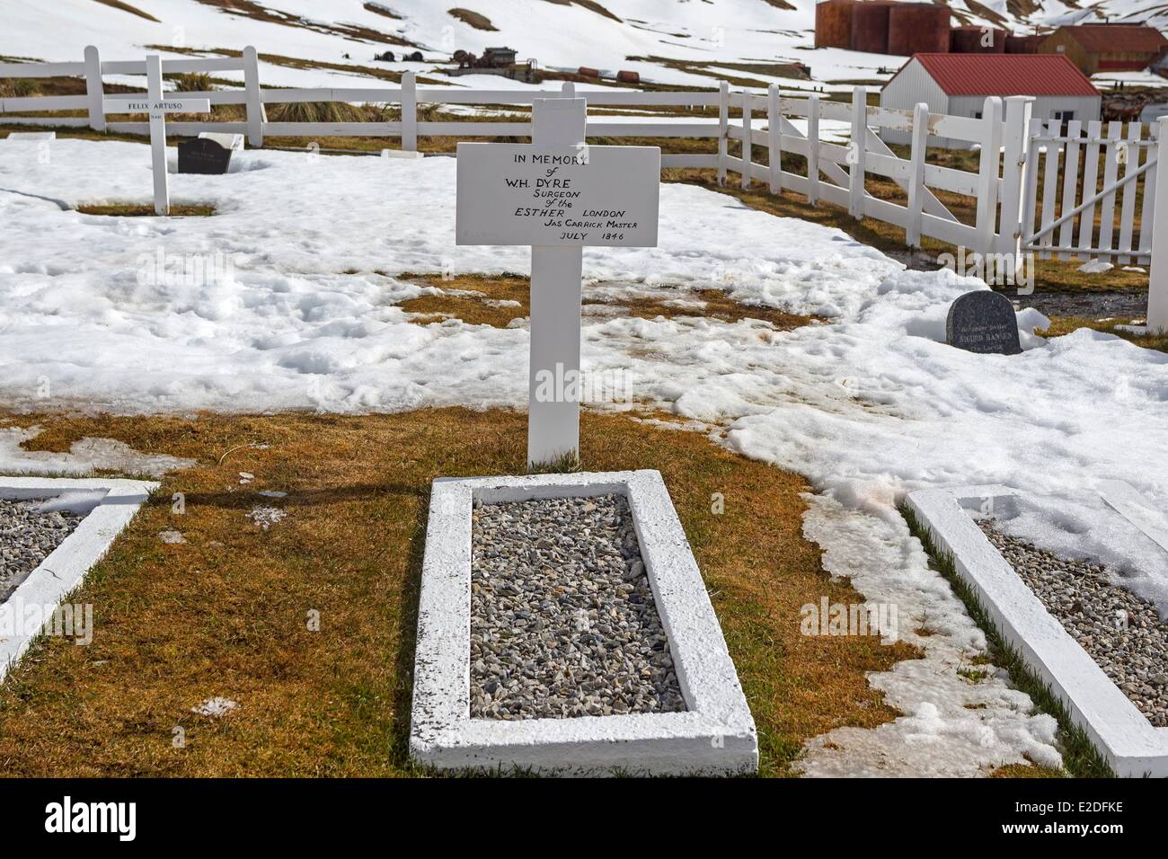 Antarctic, South Georgia Island, Whale station of Grytviken, grave of W.H Dyre Stock Photo