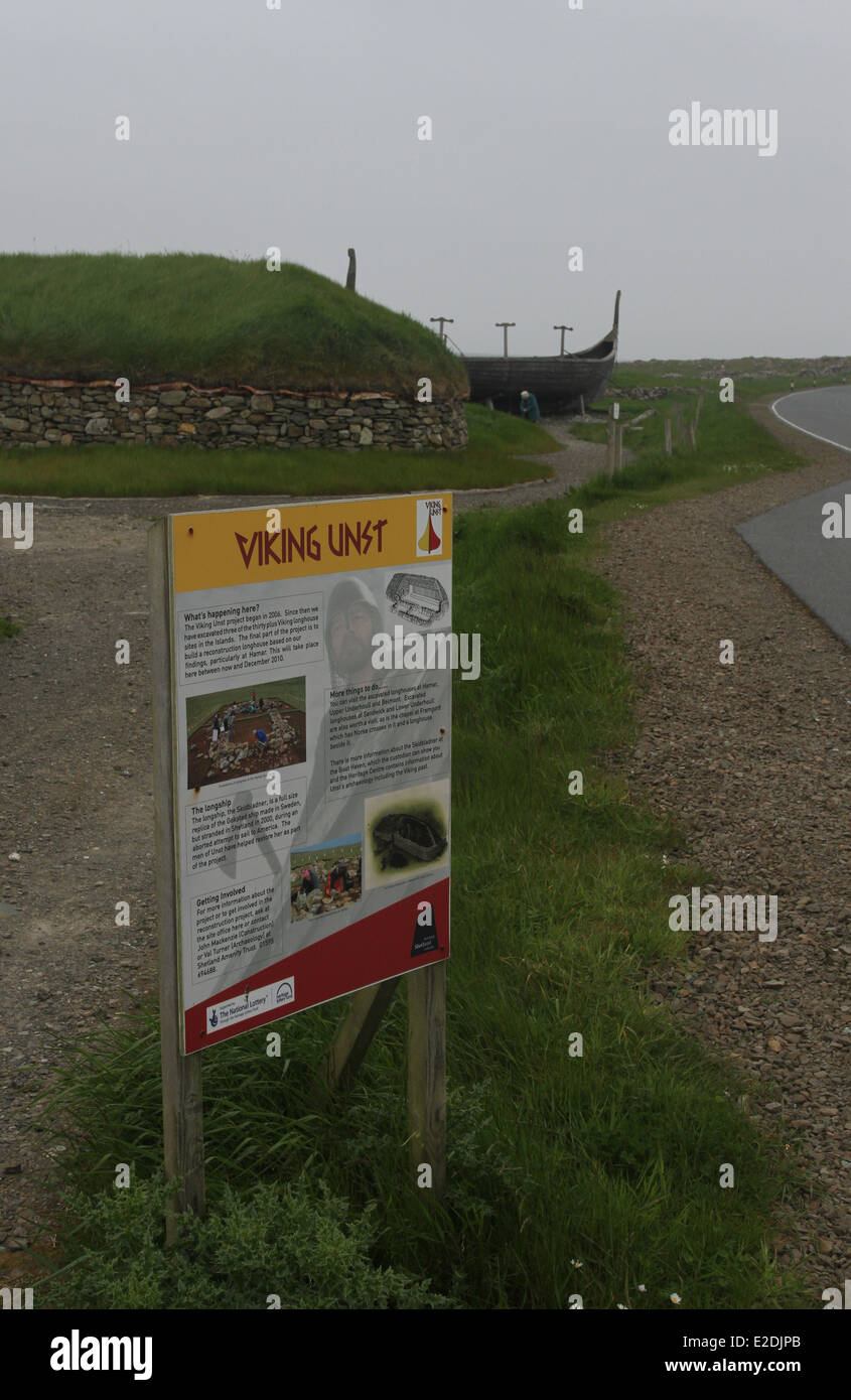 Viking Unst sign with Replica longhouse and long ship Haroldswick Unst