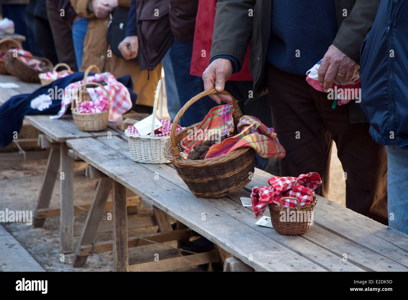 France, Lot, Causse de Limogne, Lalbenque, the truffle market, basket of black truffles Stock Photo
