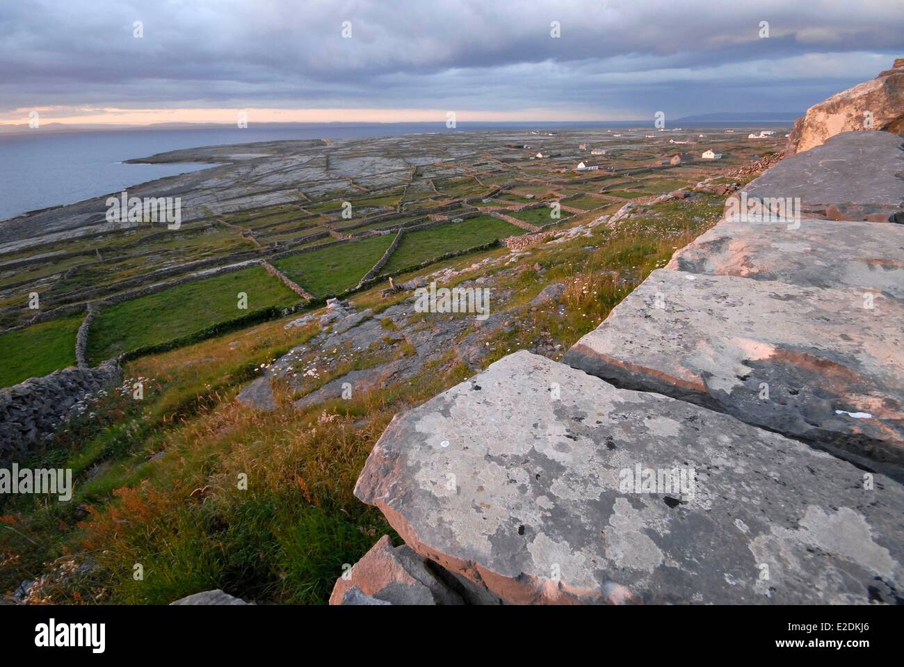 Ireland County Galway Aran Islands Inishmaan dry stone walls overlooking the island Galway Bay