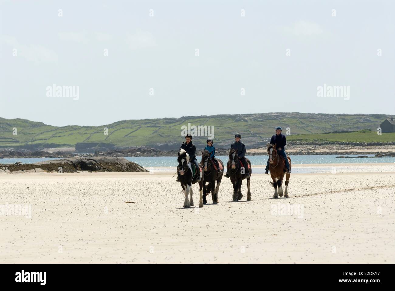 Ireland Galway County Connemara riders on the beach sand between the Omey island to the mainland Stock Photo