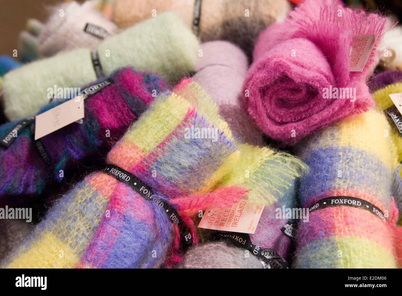 Ireland Galway County Maam Cross Connemara wool scarves in a souvenir shop Stock Photo