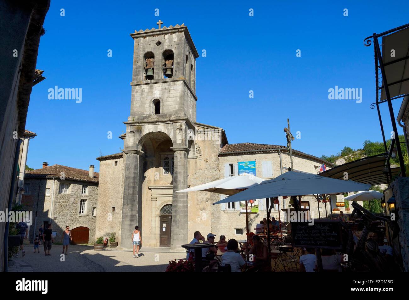 France Ardeche Gorges de l'Ardeche Labeaume the village square 15th century St Pierre aux liens Church Stock Photo