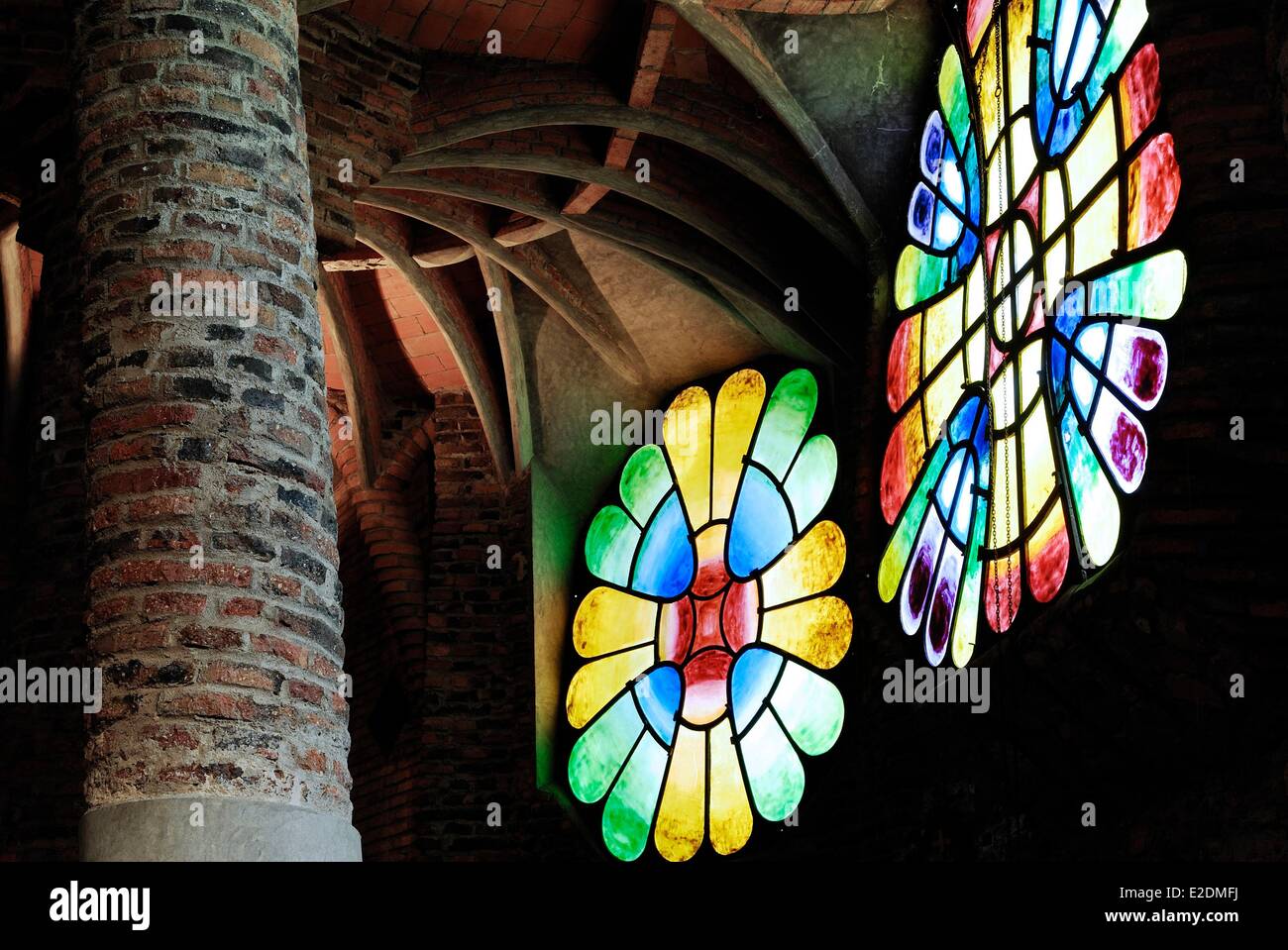 Spain Catalonia Santa Coloma de Cervello stained glasses of the church of Colonia Guell built between 1908 and 1914 by Stock Photo