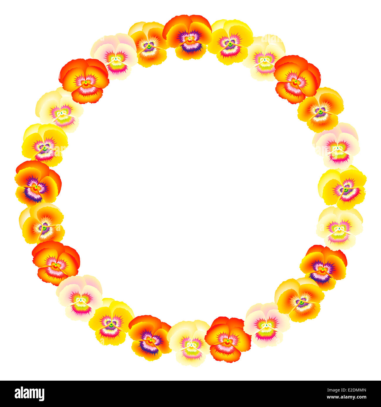 Circular orange yellow pansy frame. Stock Photo