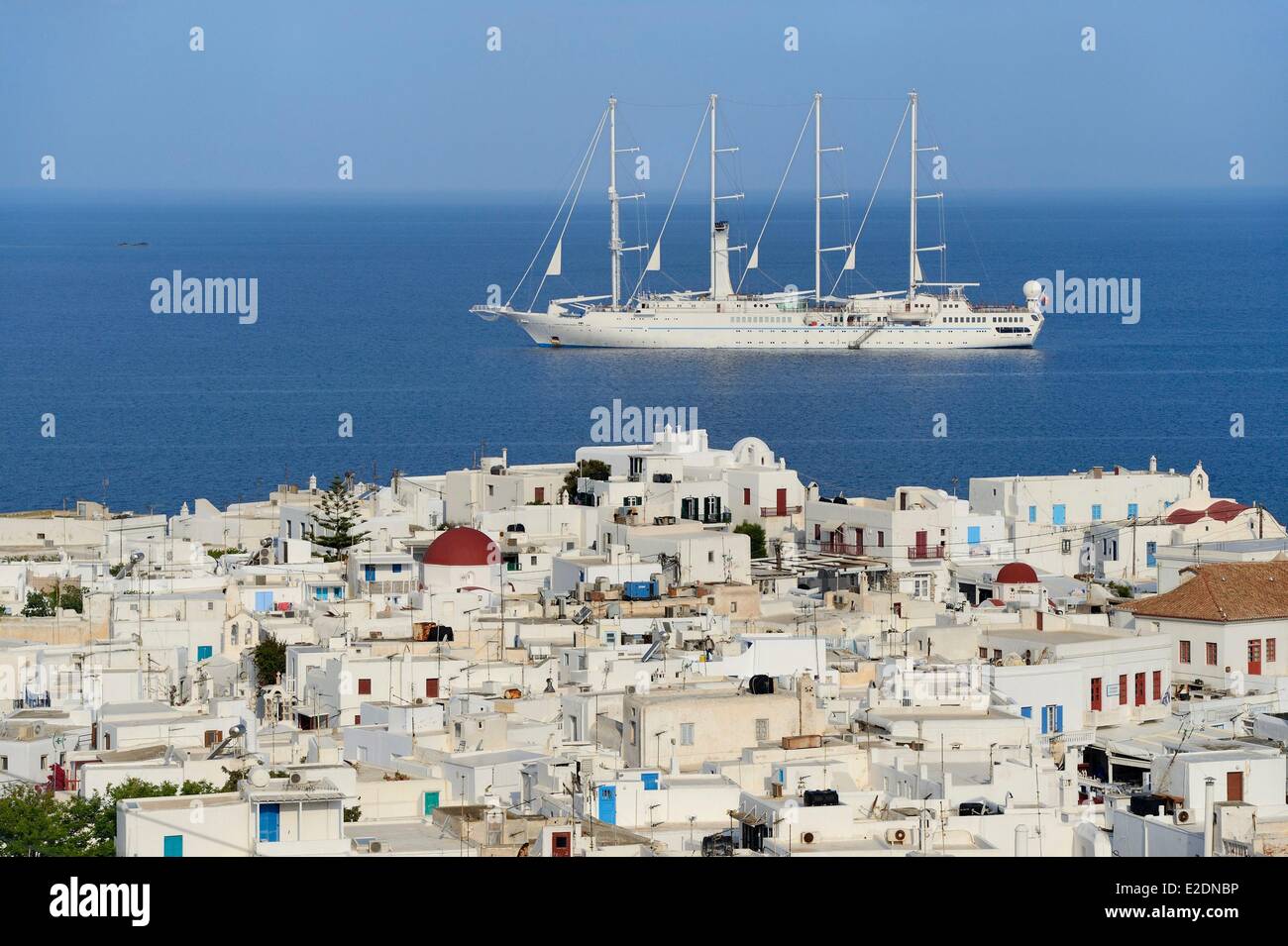Greece Cyclades islands Mykonos island Chora (Mykonos town) the old town cruise ship to the anchor Stock Photo