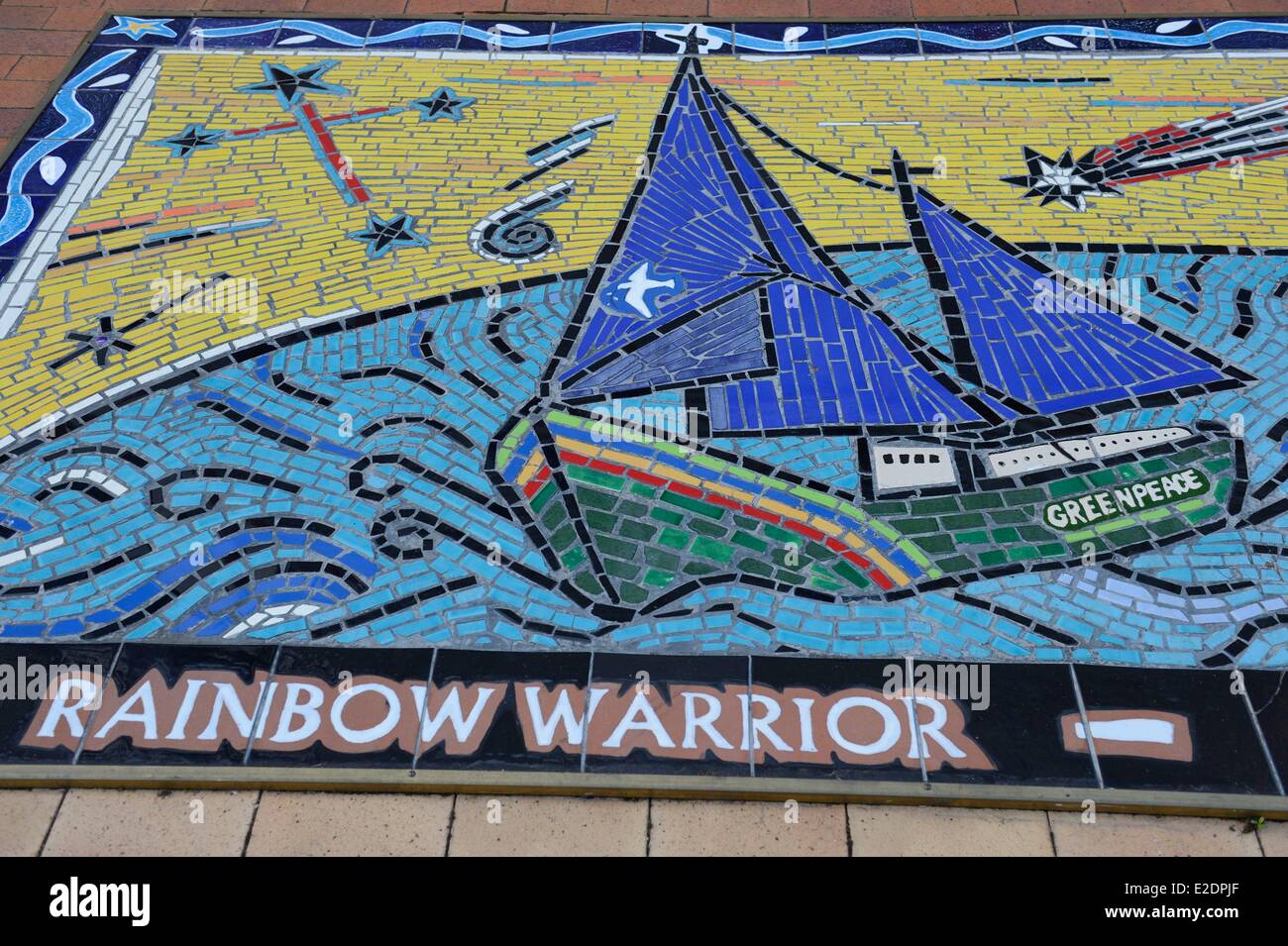 New Zealand North Island Auckland Central Business District (or CBD) Rainbow Warrior mural by Keith Russell Quay street a Stock Photo