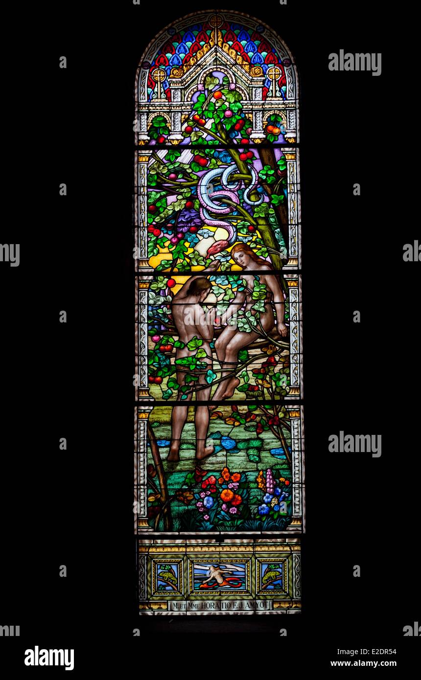 Canada Quebec province Montreal Westmount stained glass of the church of Saint-Leon created by renowned artist Guido Nincheri Stock Photo
