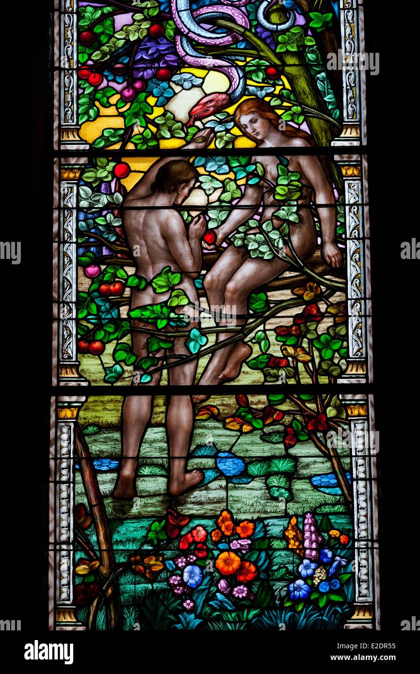 Canada Quebec province Montreal Westmount stained glass of the church of Saint-Leon created by renowned artist Guido Nincheri Stock Photo