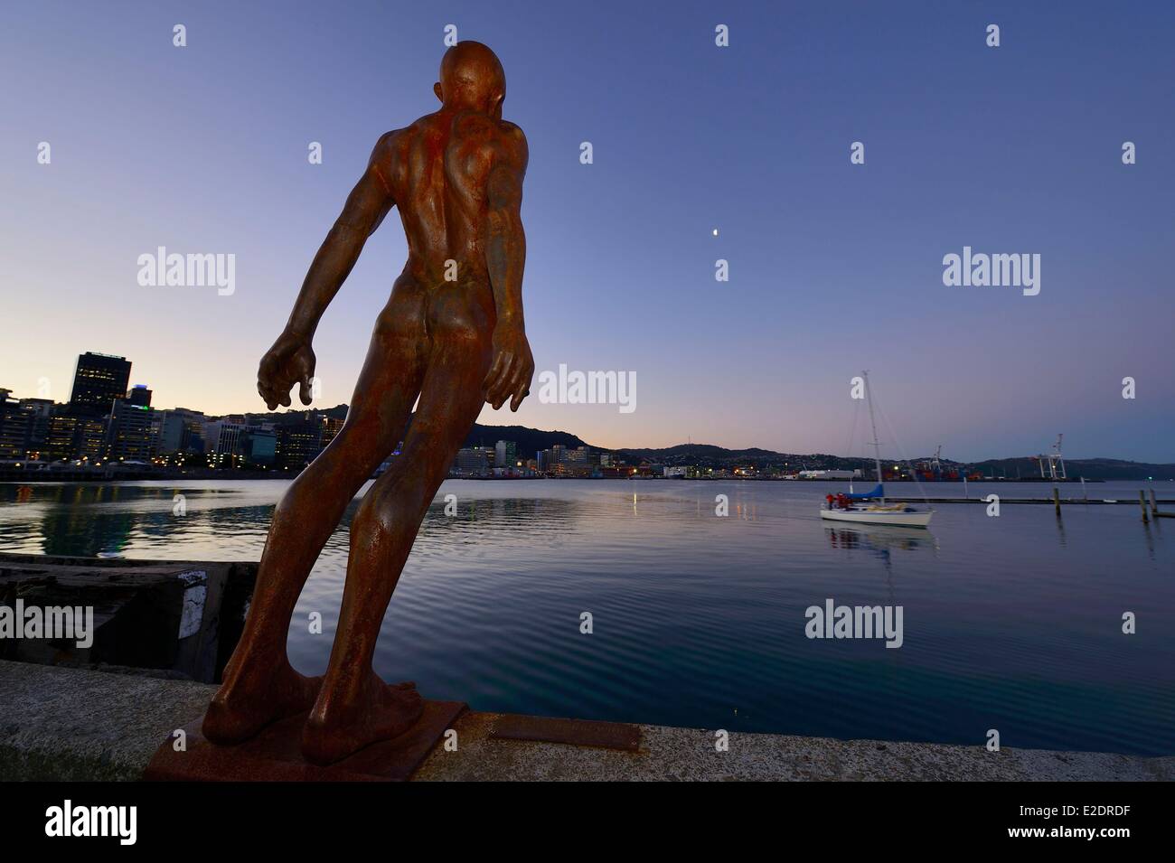 New Zealand North island Wellington sculpture called Solace in the wind by artist Max Patte in Lambton Harbour one of the two Stock Photo