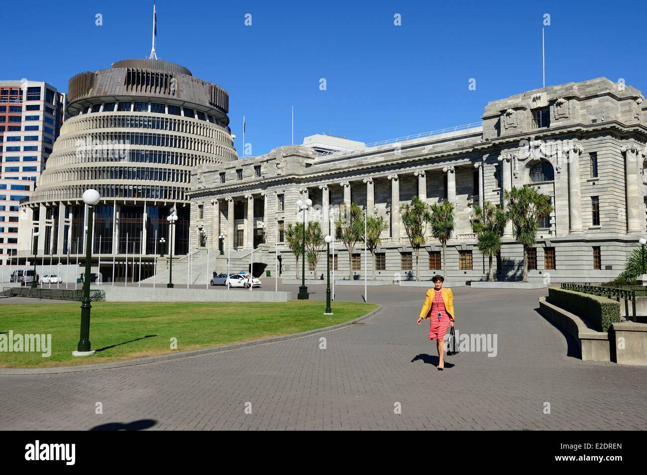 New Zealand North island Wellington the Beehive (1981) is the common name for the Executive Wing of the New Zealand Parliament Stock Photo