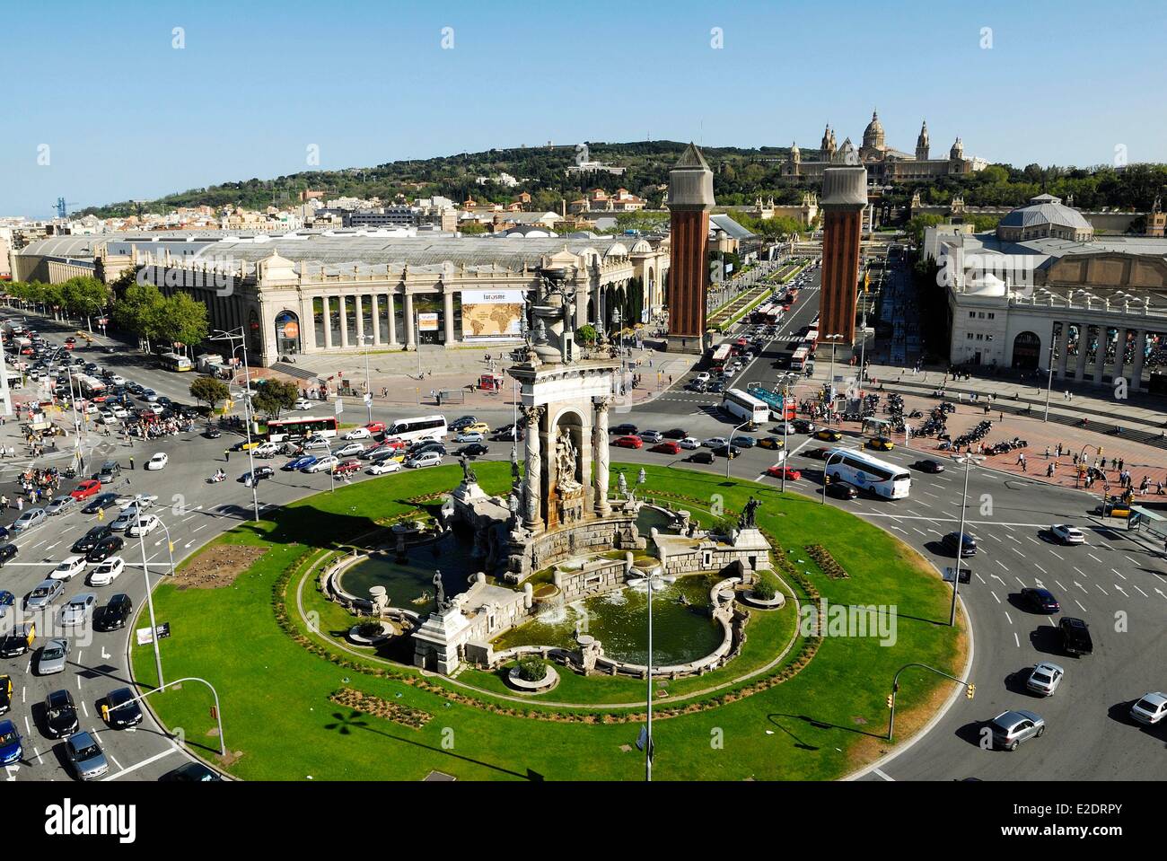 Spain Catalonia Barcelona Montjuic district plaza de Espana and the monumental fountain designed in 1929 by th architect Josep Stock Photo