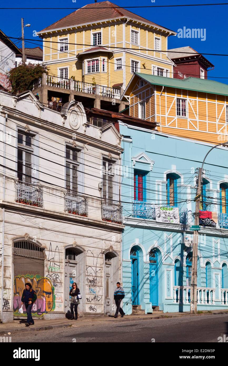 Chile Valparaiso Region Valparaiso City listed as World Heritage by UNESCO one of the main streets which goes up to Barrio Alto Stock Photo