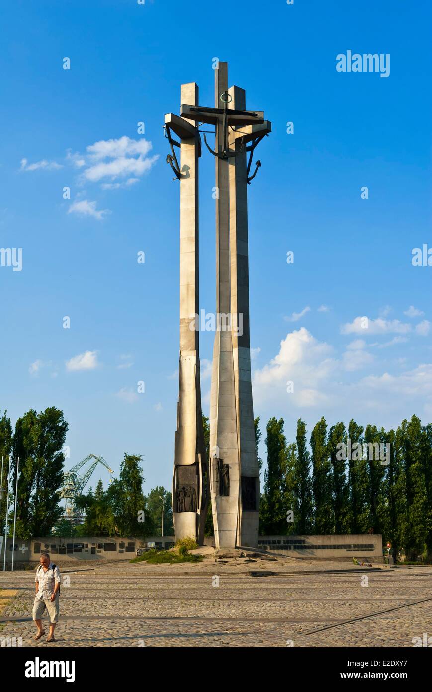 Poland Eastern Pomerania Gdansk monument to the fallen shipyard workers composed of three majestic crosses with anchors symbols Stock Photo