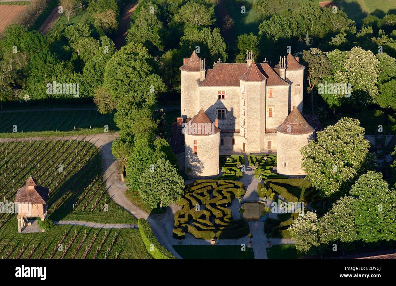 France Lot Caillac Lagrezette castle where a wine of Cahors is produced and its dovecote (aerial view) Stock Photo