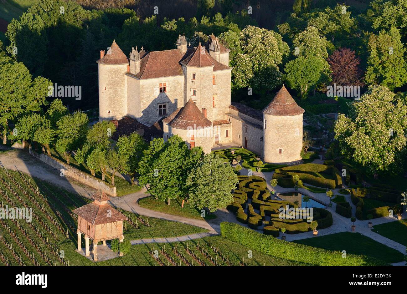 France Lot Caillac Lagrezette castle where a wine of Cahors is produced and its dovecote (aerial view) Stock Photo