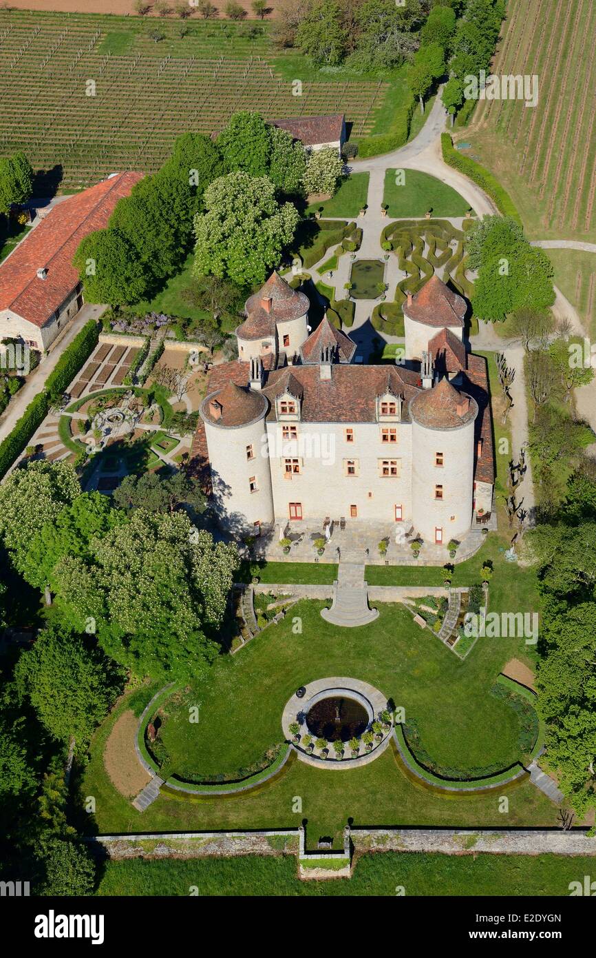 France Lot Caillac Lagrezette castle where a wine of Cahors is produced (aerial view) Stock Photo