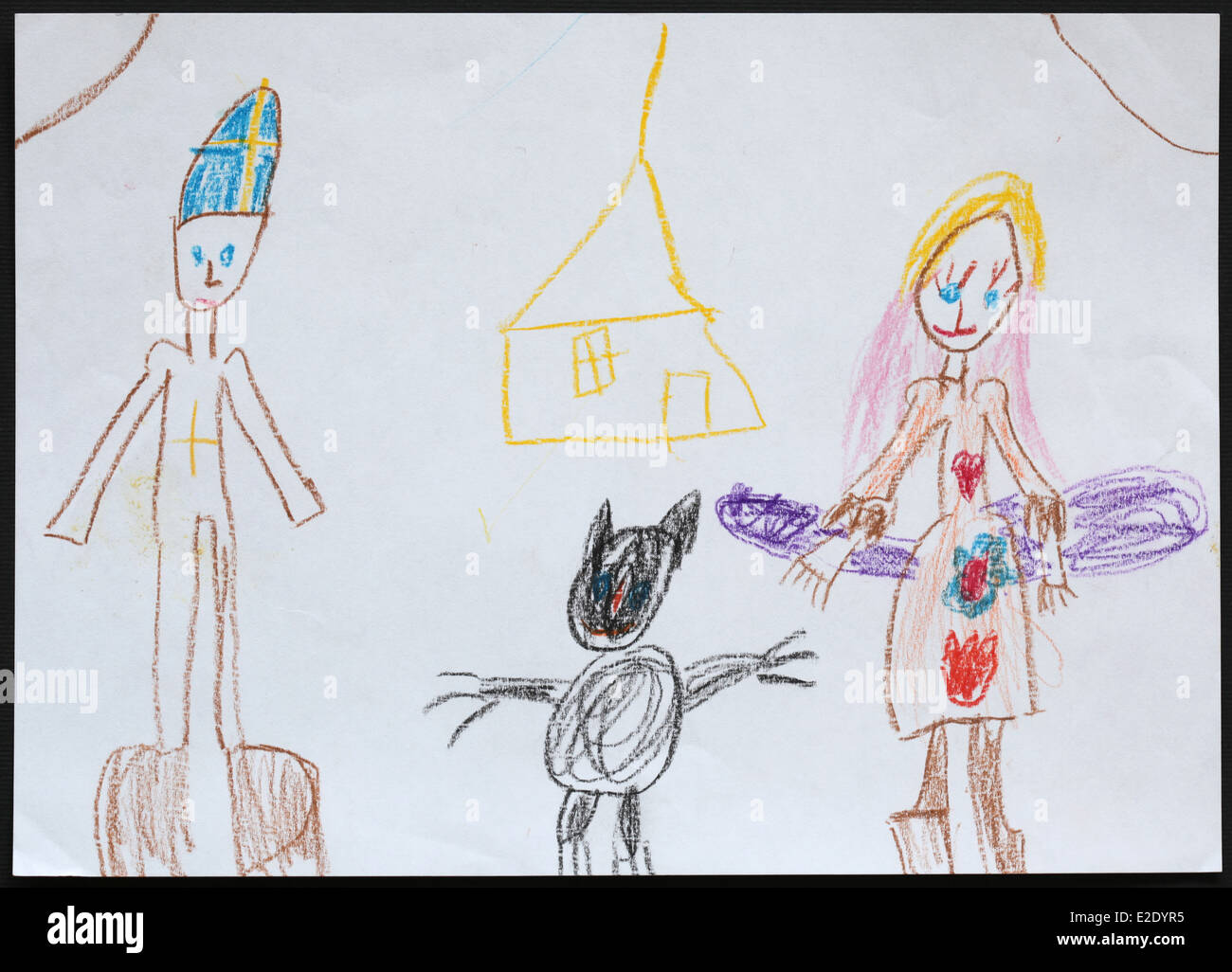 Child's drawing of Saint Nicholas followed by the Angel and the Devil and a yellow house drawn by a five-year-old girl. Stock Photo