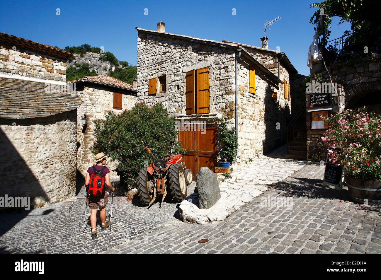 France Ardeche Les Vans female hiker crossing Naves Stock Photo - Alamy