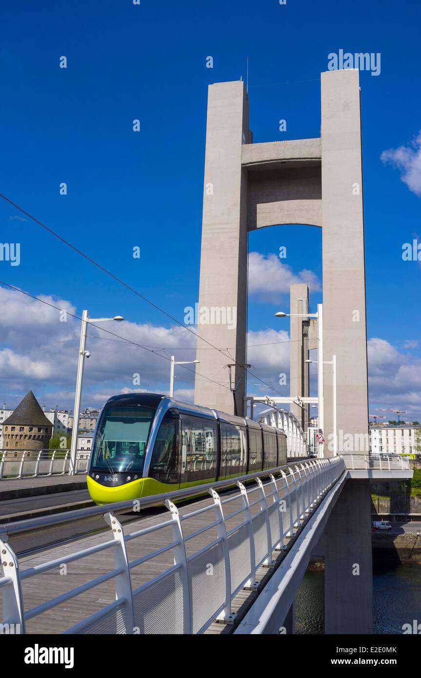 France Finistere Brest the new Recouvrance bridge span is a lift bridge that crosses the Penfeld river the tramway of Brest is Stock Photo