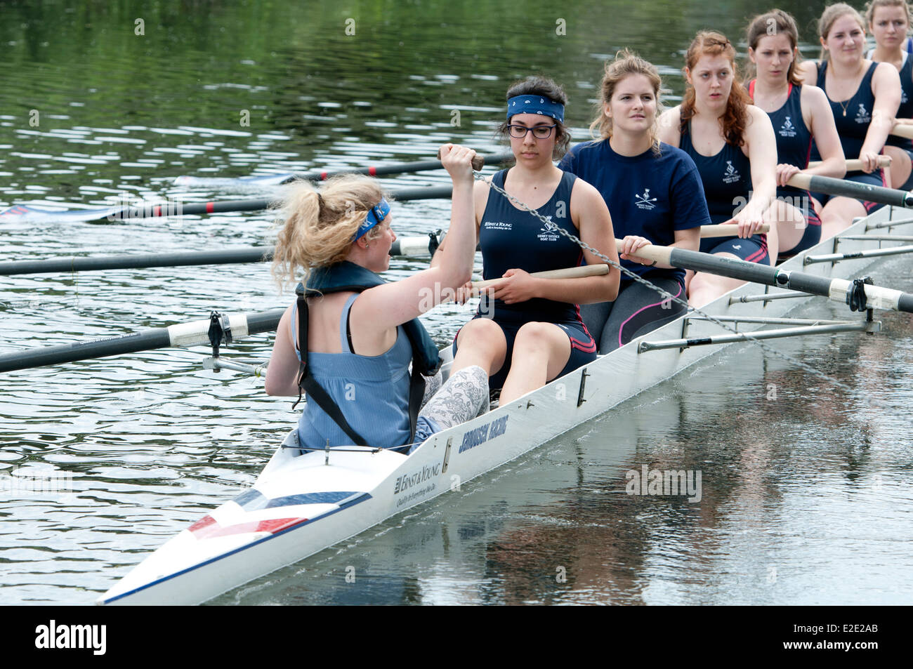 Cambridge May Bumps, Sidney Sussex College ladies eight cox holding the bung Stock Photo