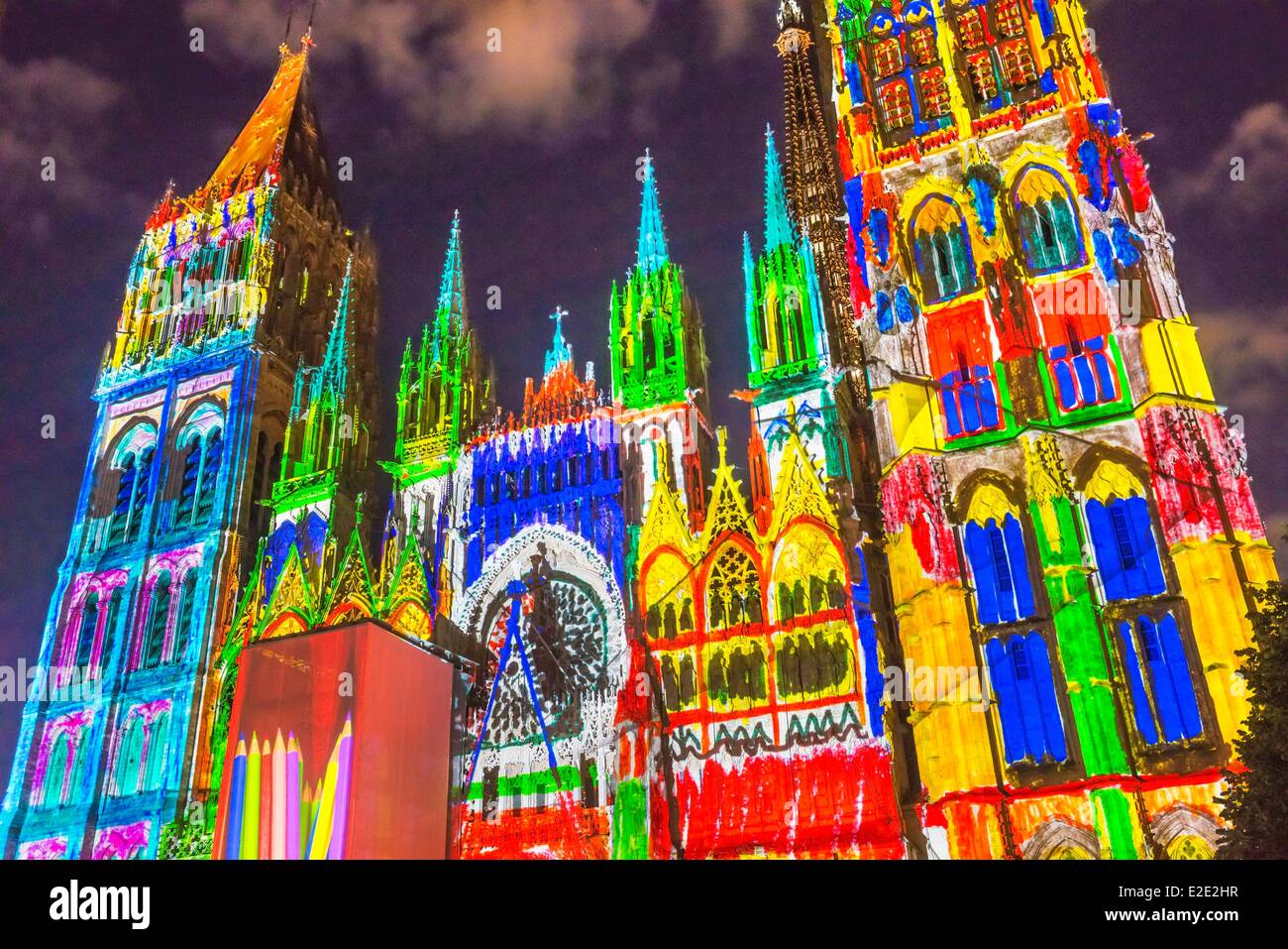 /France Seine-Maritime Rouen cathedrale Notre Dame de Rouen (Our lady of Rouen Cathedral) lightshow Stock Photo