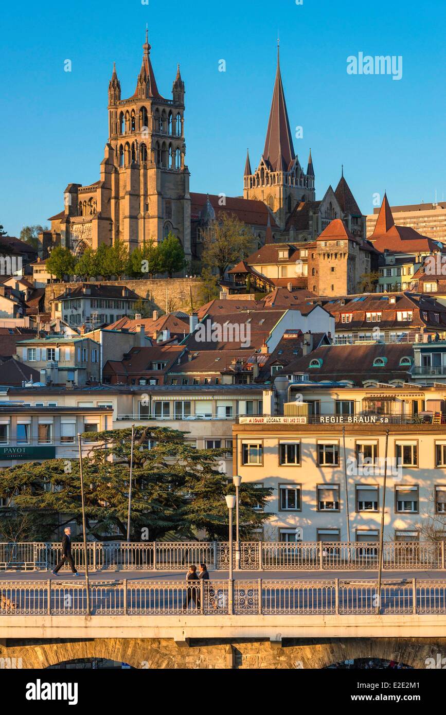 Switzerland Canton of Vaud Lausanne city center Notre Dame Cathedral and Grand Gateway Bridge and Europe Plaza Stock Photo
