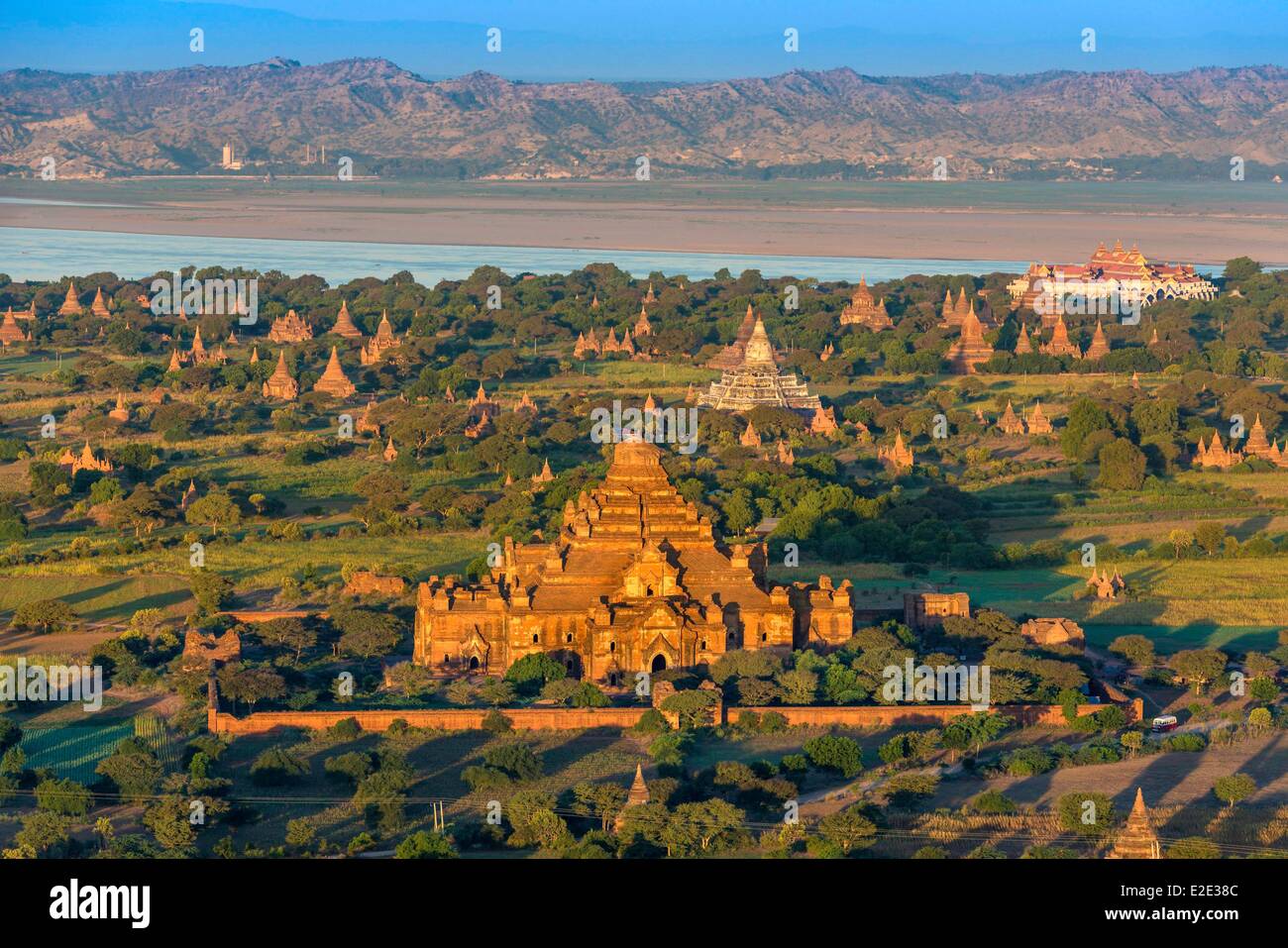 Myanmar (Burma) Mandalay division Bagan overview of the old historic capital in ballonswith Balloons over Bagan view from the Stock Photo
