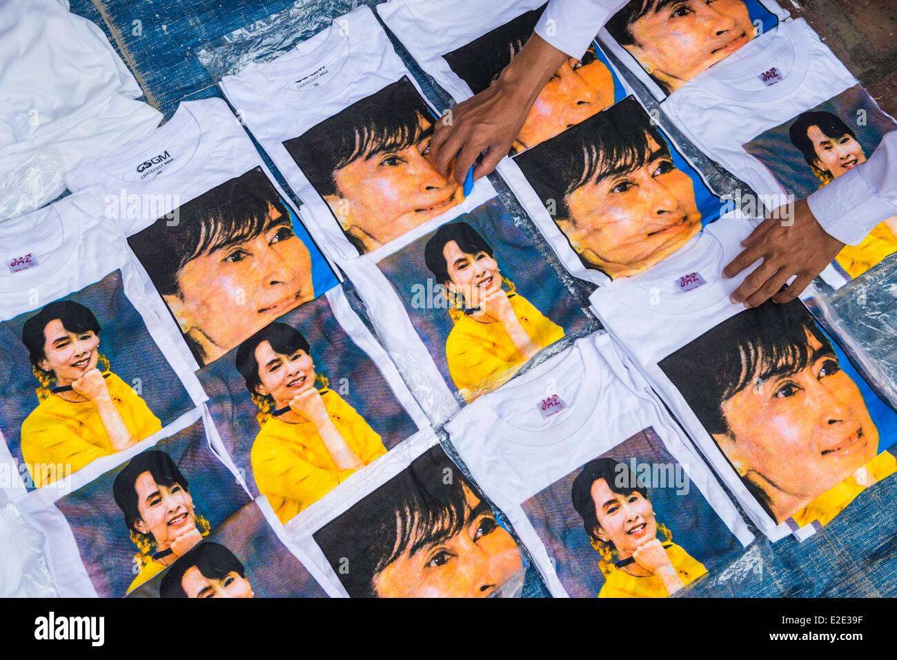 Myanmar (Burma) Mandalay division Mandalay street shop selling Aung San Suu Kyi T-shirt Stock Photo