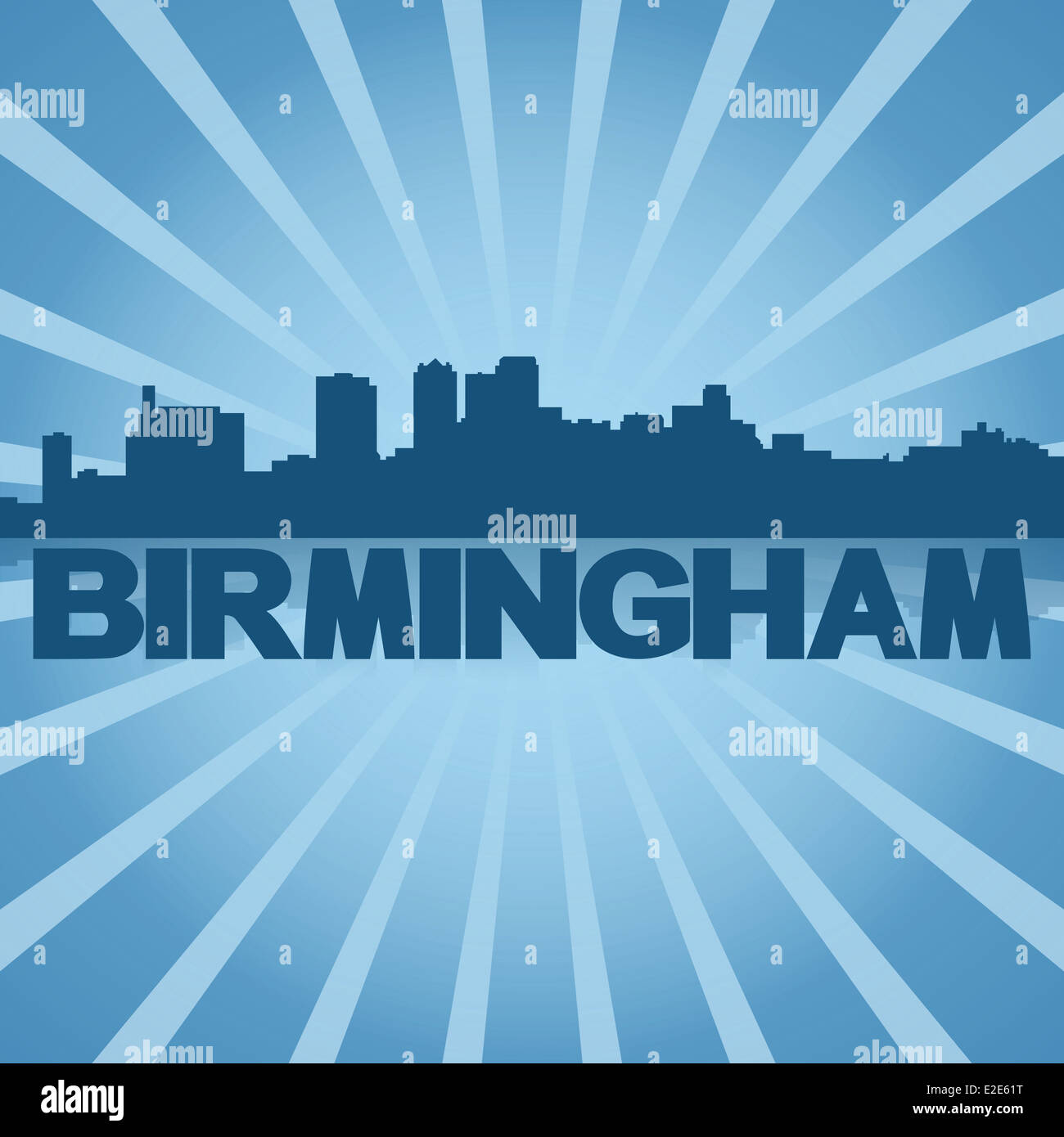 Birmingham Alabama skyline reflected with blue sunburst illustration