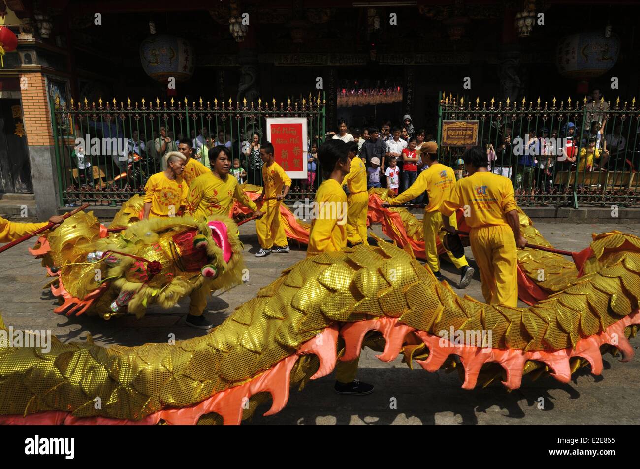 Vietnam, Ho Chi Minh City, executing the dragon dance for the vietnamese New Year Stock Photo