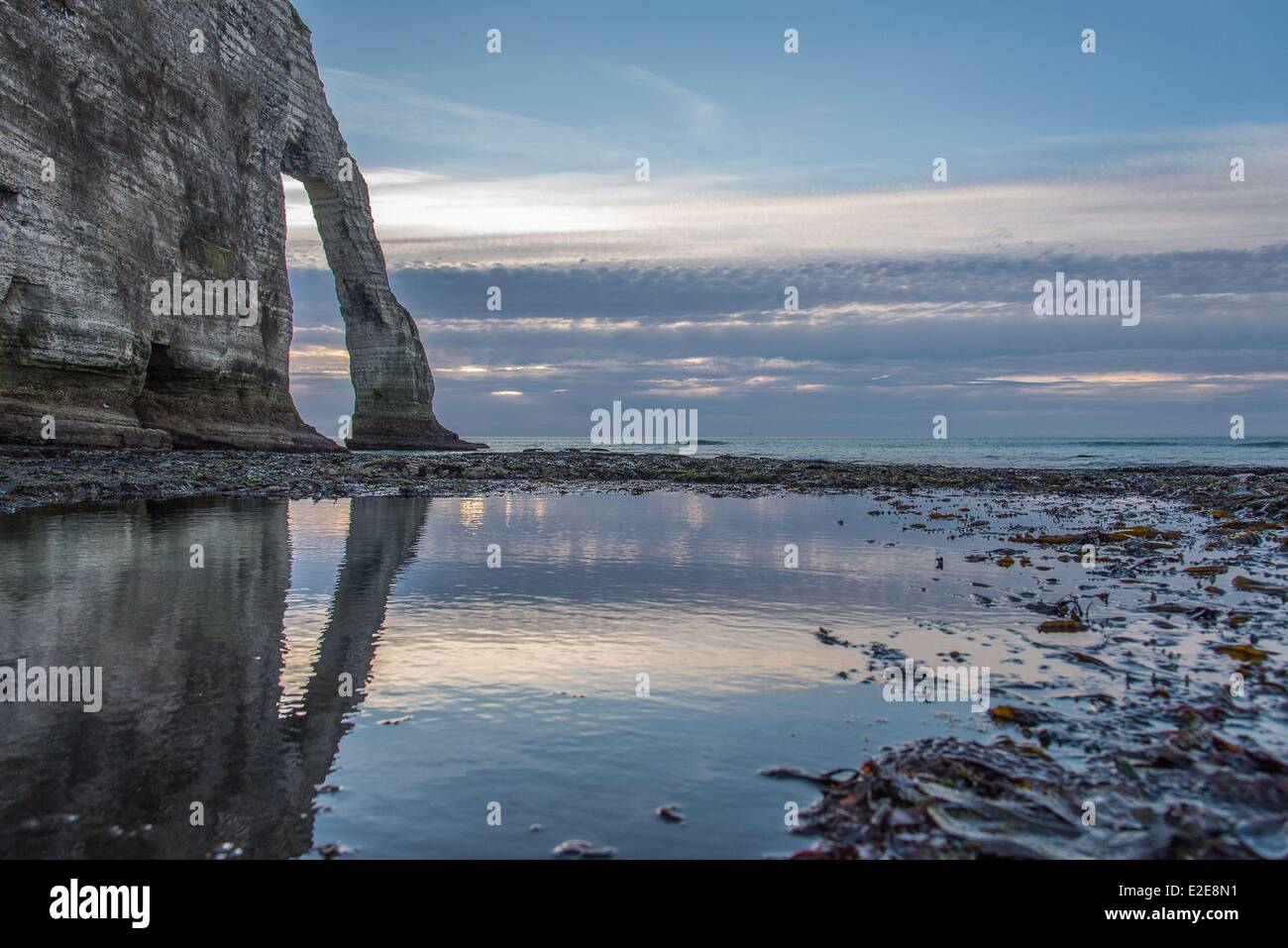 France, Seine Maritime, Etretat, the beach, arch of Aval cliff at low ...