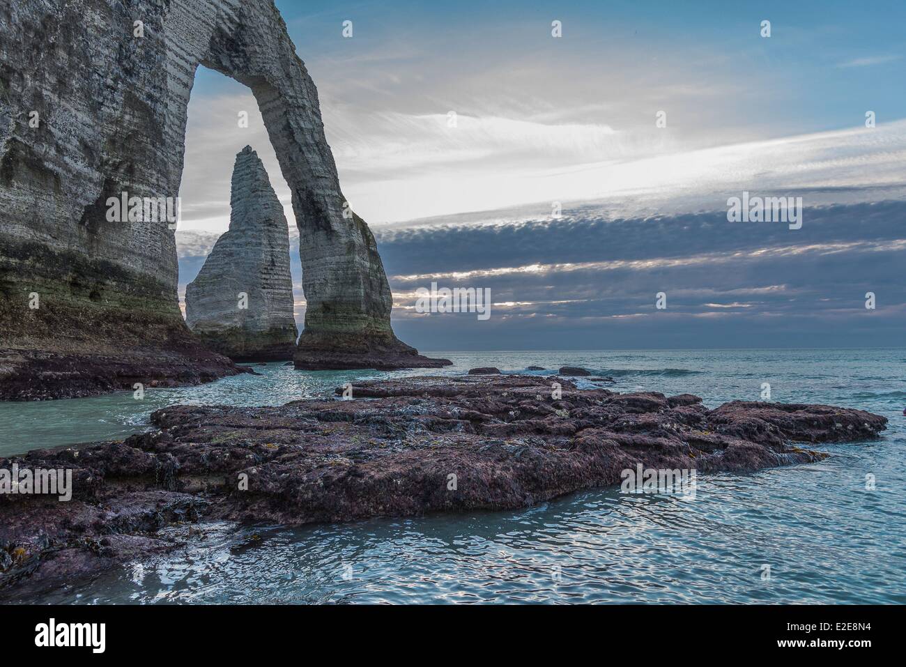 France, Seine Maritime, Etretat, the beach, arch of Aval cliff and L ...