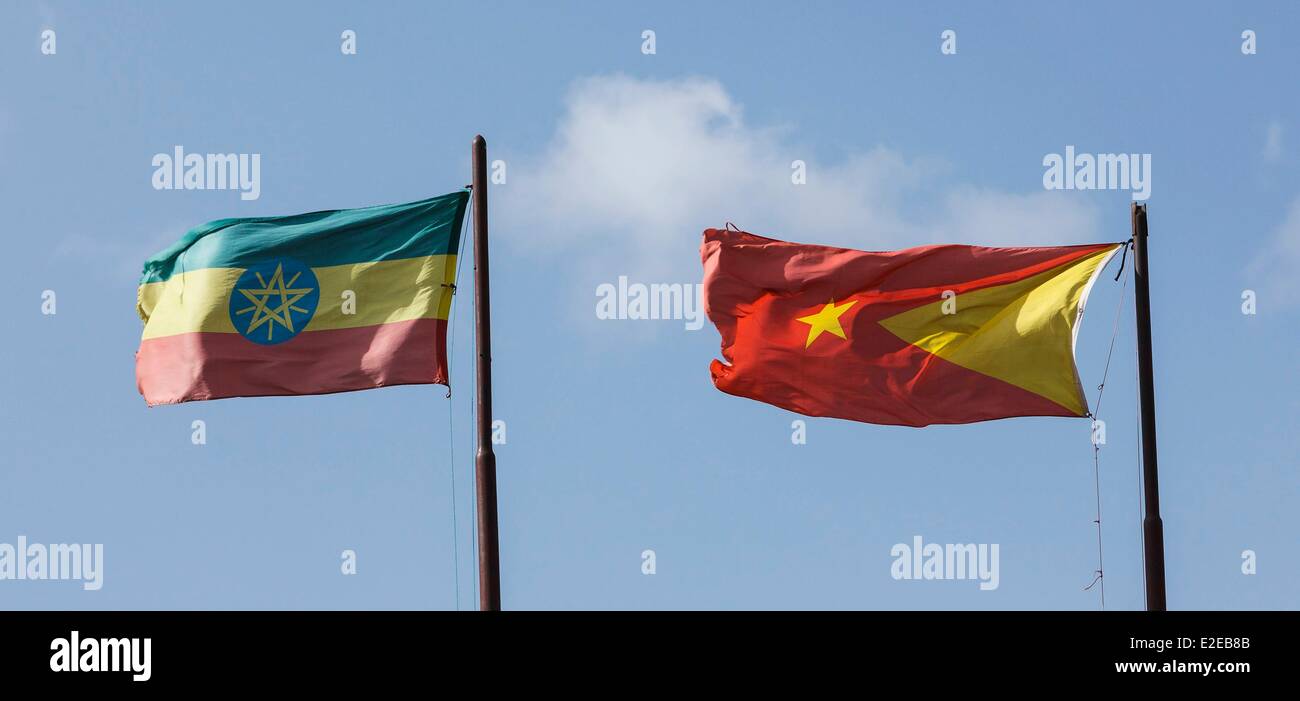 Ethiopia, Tigray region, Maychew, Ethiopia and Tigray flags Stock Photo