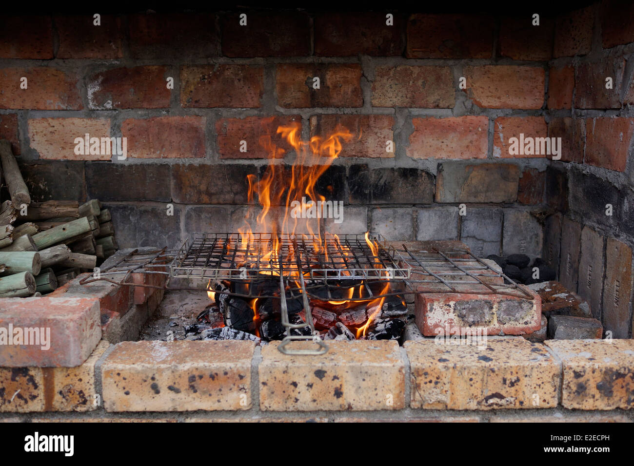 Barbecue Fire In Fireplace Locally Called Braai Stock Photo